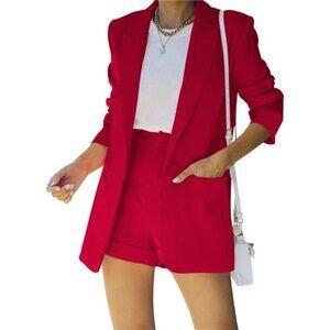Women's Blazer Matching Shorts Set 2 Piece Outfit Short Suit, Red